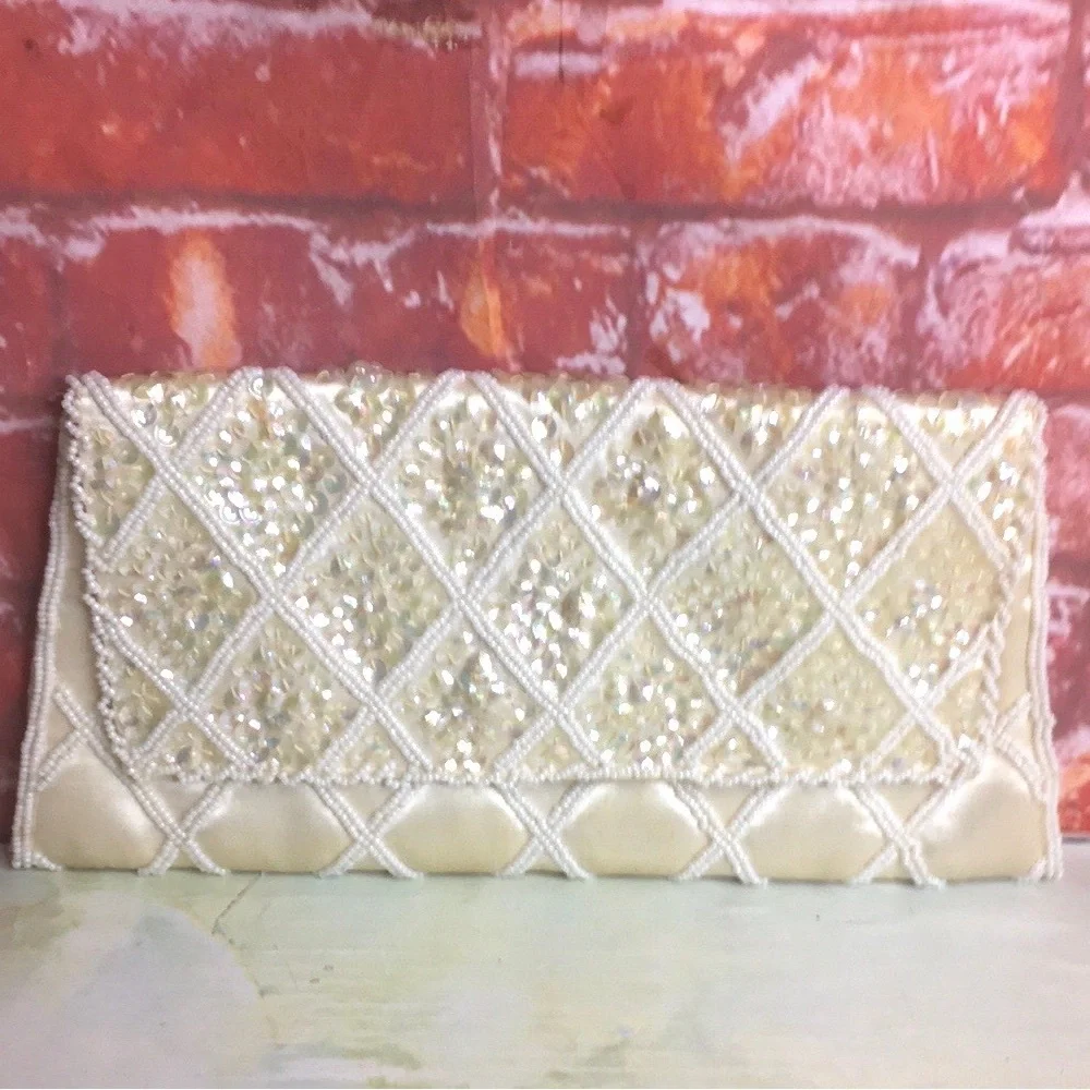 Vintage David's Import MCM Beaded Ivory Satin Clutch